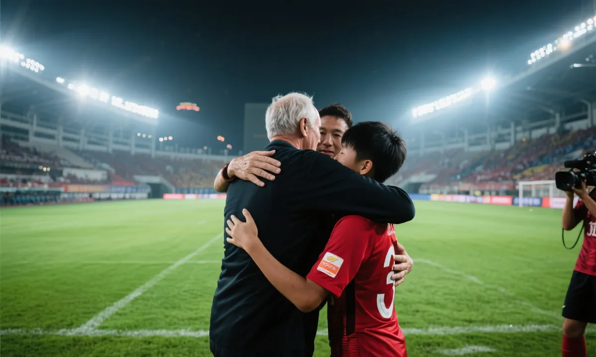 世界杯赛后老将与年轻球员在球场中央拥抱致意