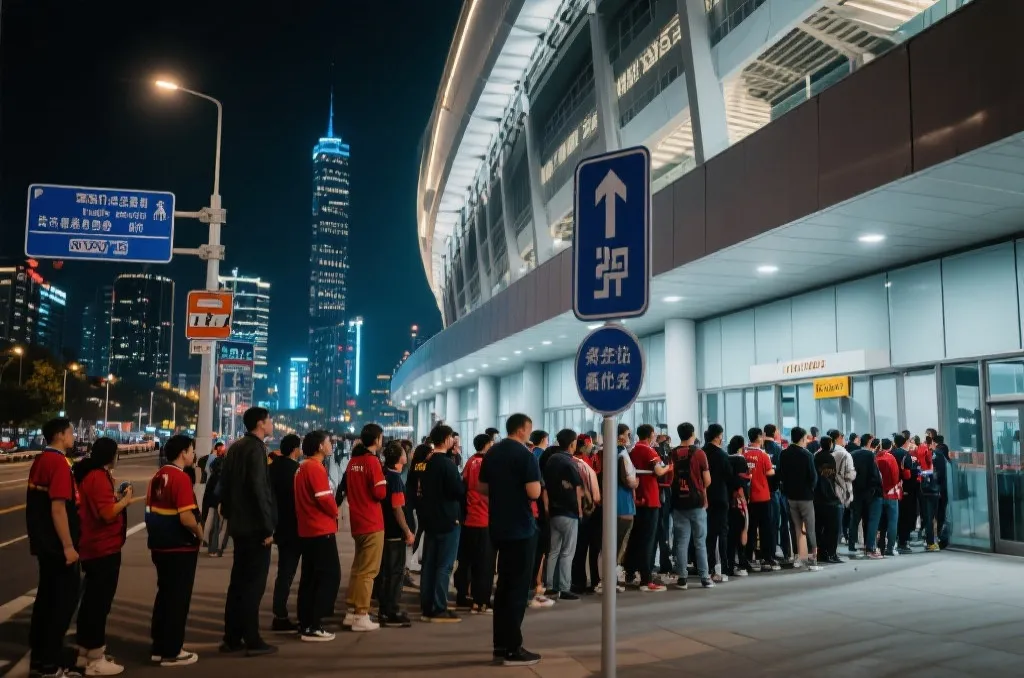 球迷在球场外排队入场的夜景