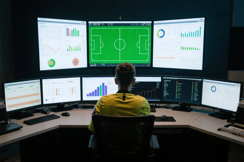 A professional referee workstation with multiple monitor screens showing generic match data analysis charts and a green field diagram.